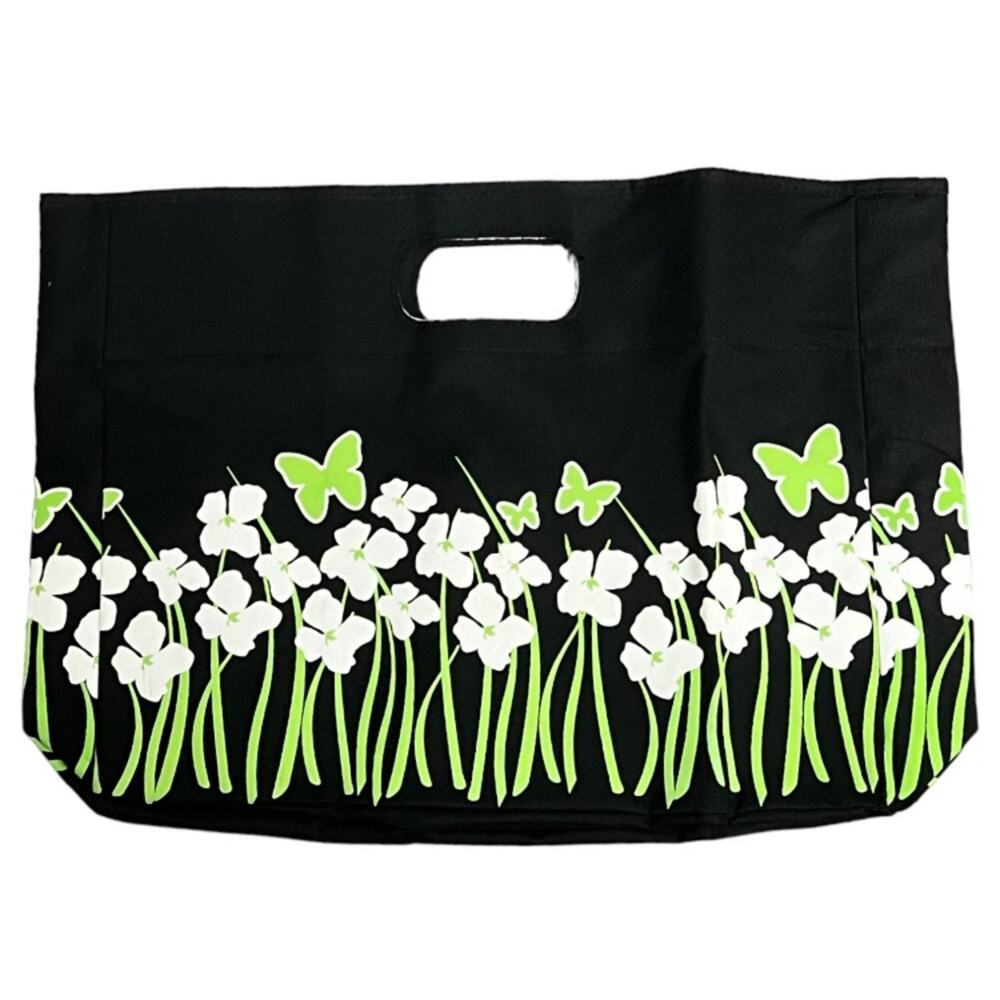 Black tote bag with white and green flowers & green butterflies.